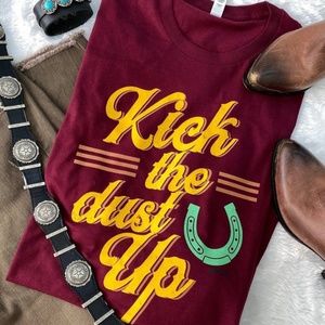 NWT Kick the Dust Up maroon and yellow graphic tee size large